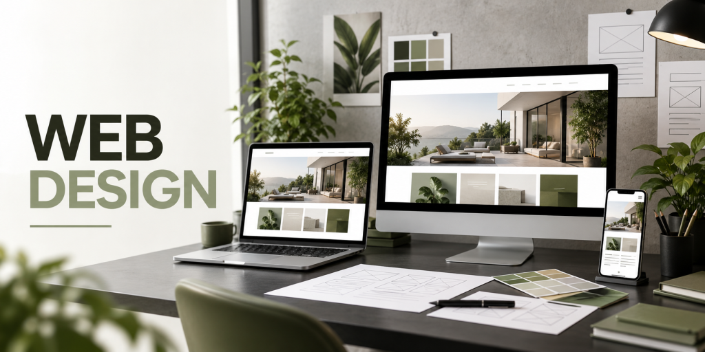 Web design workspace in Wichita Falls showing a responsive website on a desktop monitor, laptop, and smartphone, with wireframe sketches and a green color palette on the desk
