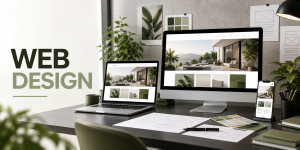 Web design workspace in Wichita Falls showing a responsive website on a desktop monitor, laptop, and smartphone, with wireframe sketches and a green color palette on the desk
